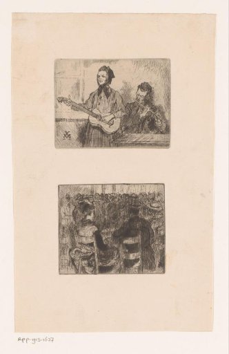 Woman with a fan and a man with a hat seated on a chair in a crowd and two musicians