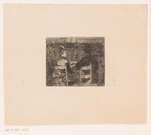 Woman with a fan and a man with a hat seated on a chair in a crowd