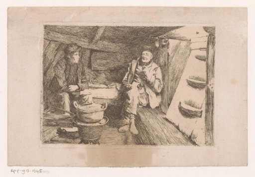 Two men in a low room around a cooking pot