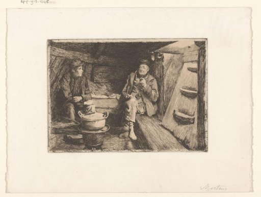 Two men in a low room around a cooking pot