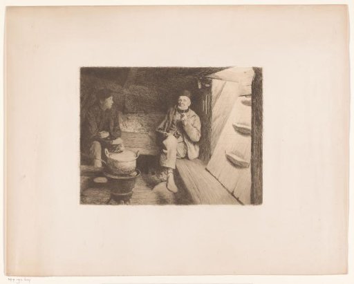 Two men resting in the hold of a ship