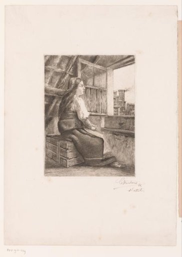 Girl looking out through a dormer window