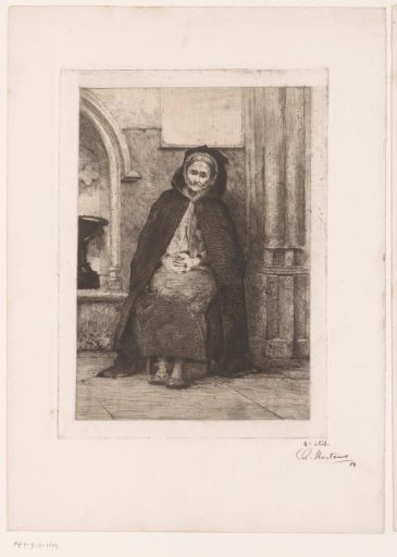 Old beggar woman seated in front of the Basilica of Our Lady of Scherpenheuvel