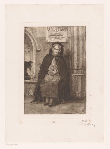 Old beggar woman seated in front of the Basilica of Our Lady of Scherpenheuvel