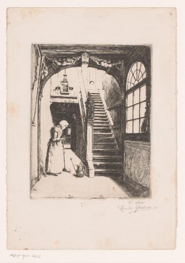 Woman sweeping a hallway with stairs