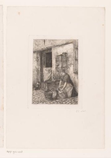 Woman with jugs at a water pump