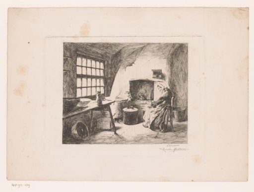 Woman seated grinding at a pot over the fire