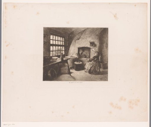 Woman seated grinding at a pot over the fire