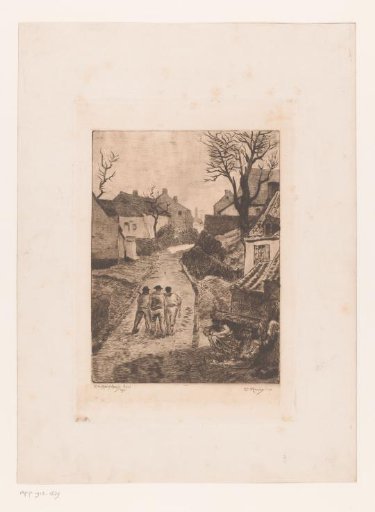Three men walking on a road in a mining village