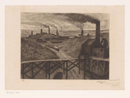 Industrial landscape with viaduct and a passing train
