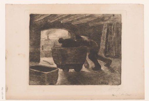 Two miners pushing a cart forward