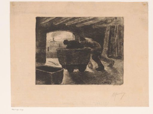 Two miners pushing a cart forward