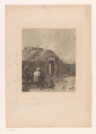 Card players outside at a table with a hill in the background