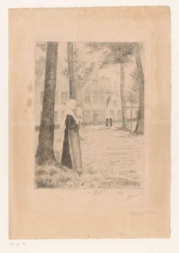 Nun with knitting needles in hand at the Beguinage in Bruges