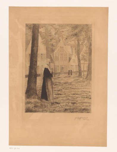 Nun with knitting needles in hand at the Beguinage in Bruges