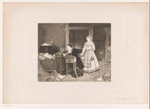Interior with a woman standing beside a reading man