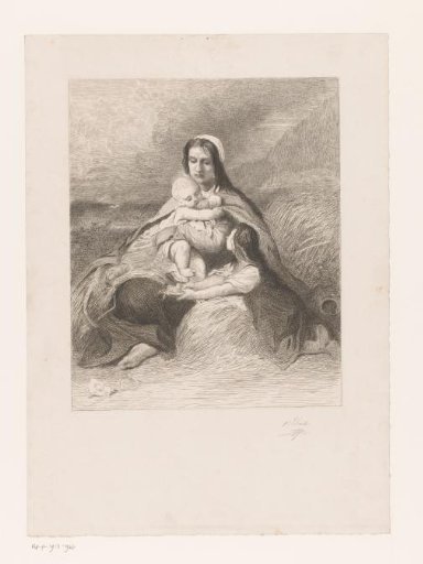 Mother with two children sitting among the grain