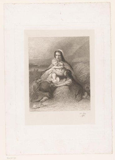 Mother with two children sitting among the grain