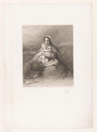 Mother with two children sitting among the grain