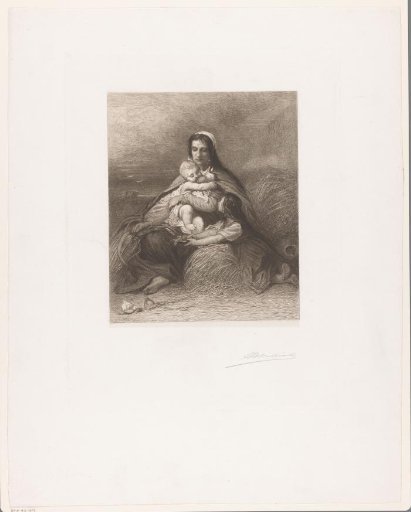 Mother with two children sitting among the grain