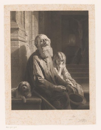 Blind beggar with dog and child on the steps before a chapel