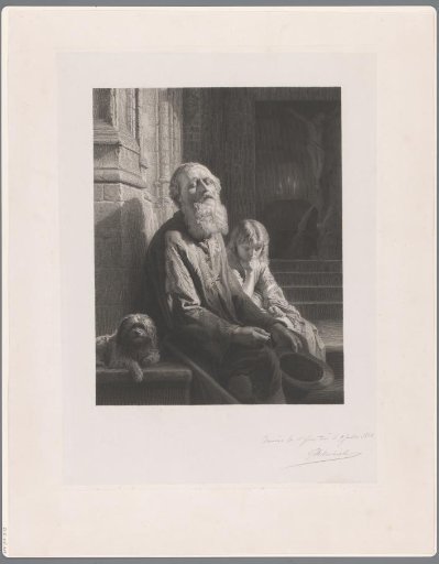 Blind beggar with dog and child on the steps before a chapel