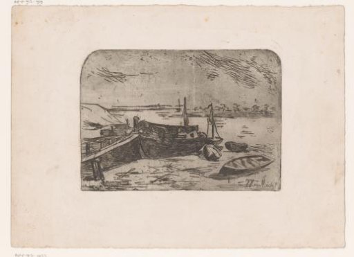 Landscape with barges on the bank