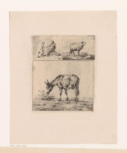 Study Sheet with a Seated Soldier and Girl, a Sheep and a Donkey