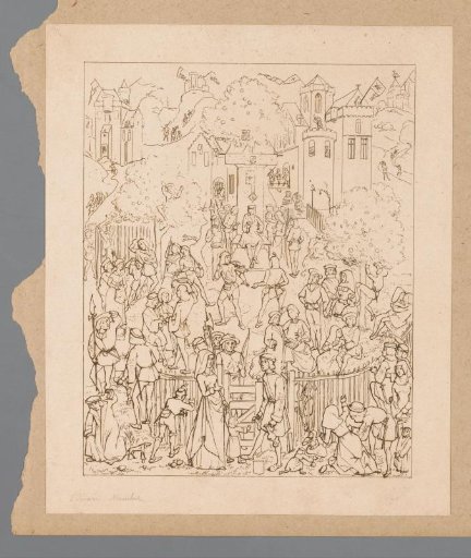 Large gathering in the garden at a castle