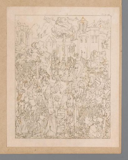Large gathering in the garden at a castle