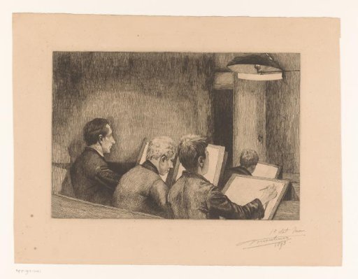 Drawing school with four young men at work