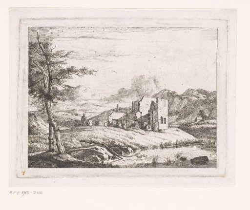 Landscape with two walkers near a ruin
