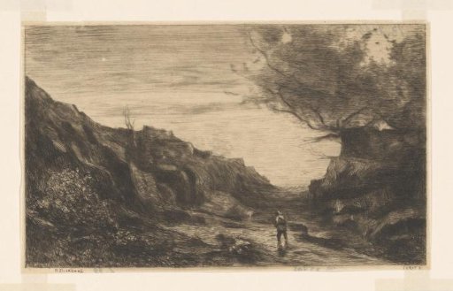 Landscape with rocks, tree and walker