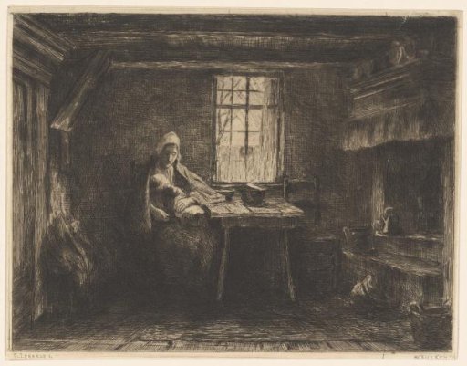 Woman with sleeping child in a peasant interior