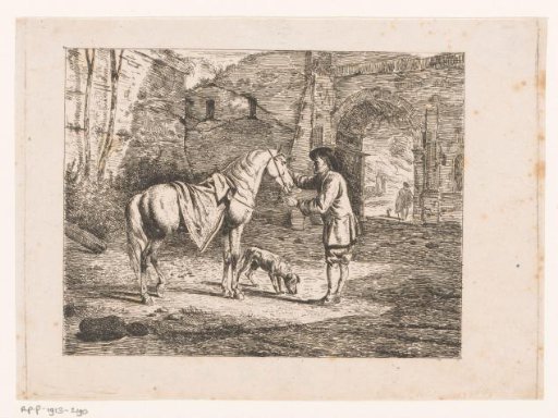 Man with horse and dog near a ruined gate