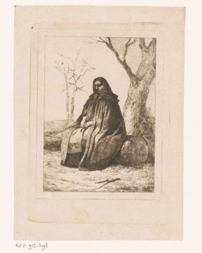Woman with a jug standing by the water, leaning on a log