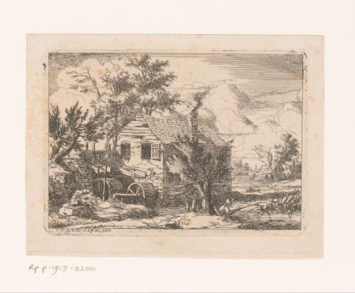 Landscape with watermill and a fisherman