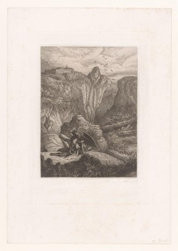 Two knights in armor defending each other in a rocky landscape