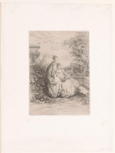 Two young women reading on a terrace
