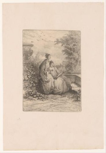 Two young women reading on a terrace