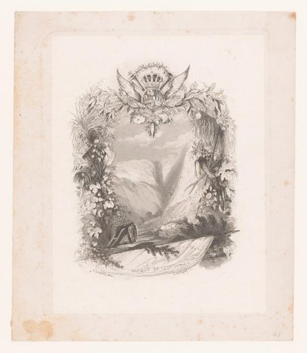 Mountain landscape with a frame consisting of floral elements with a coat of arms at the top