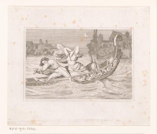 Young man and woman in a gondola on rough waves by moonlight
