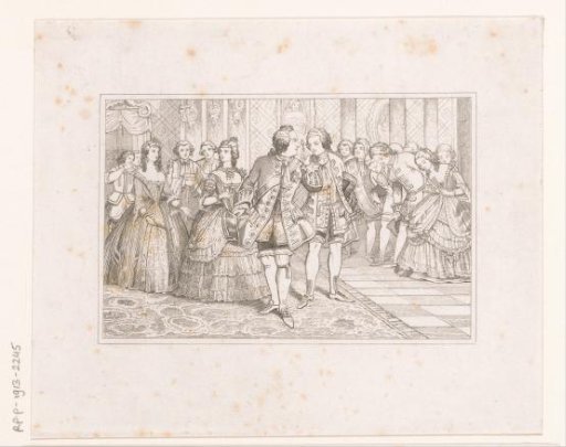 Company of well-to-do men and women in a sumptuous interior