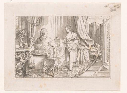 Woman brings drink to a man lying on a bed