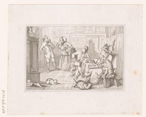 Interior with four figures and ten cats