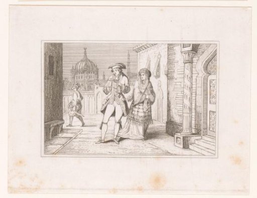 Three figures walking along the street, one man reads a letter
