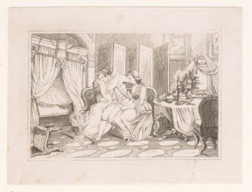 Sumptuous interior with a loving couple embracing on a bench with a woman beside them