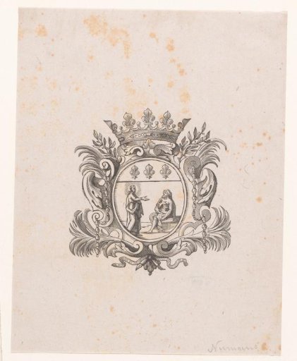 Crowned coat of arms with three French lilies and a scene with two figures