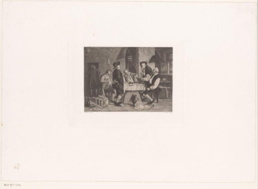 Interior with a group of men at table with a portrait painter