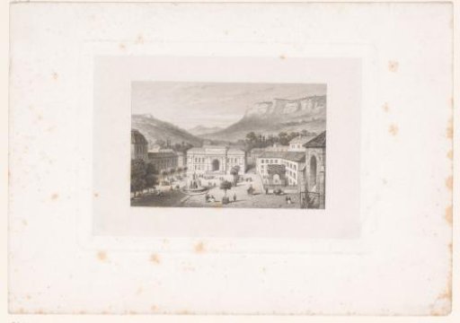 City square with fountain situated in a mountain landscape